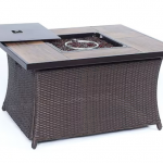 Hanover - Woven 40,000 BTU Fire Pit Coffee Table with Woodgrain Tile-Top - Brown/Wood Grain Top