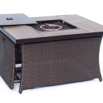 Hanover - Woven 40,000 BTU Fire Pit Coffee Table with Woodgrain Tile-Top - Brown/Wood Grain Top