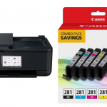 Package - Canon - Pixma TR8620 Wireless All-In-One Inkjet Printer with Fax - Black and CLI-281 5-Pack Standard Capacity Ink Cartridges + Photo Paper - Black/Cyan/Magenta/Yellow/Photo Blue