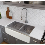 Elkay  Crosstown Farmhouse Apron Front 35.875-in x 20.31-in Polished Satin Double Offset Bowl Stainless Steel Kitchen Sink