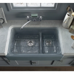 KOHLER  Whitehaven Farmhouse Apron Front 35.5-in x 21.56-in White Double Offset Bowl Cast Iron Kitchen Sink