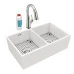 Elkay  Farmhouse Apron Front 33-in x 19.9375-in White Double Equal Bowl Fireclay Kitchen Sink All-in-one Kit