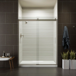 KOHLER  Levity 74-in H x 56.625-in to 59.625-in W Frameless Sliding Vibrant Brushed Nickel Shower Door (Clear Glass)