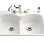 KOHLER  Langlade Drop-In 33-in x 22-in White Double Equal Bowl 4-Hole Cast Iron Kitchen Sink